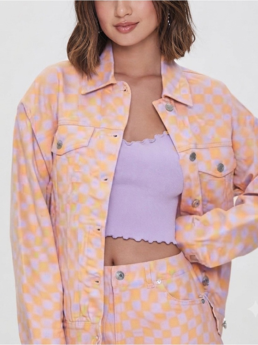 Forever 21 Checkered Orange Purple Cotton Denim Jean Trucker Jacket Oversized 2